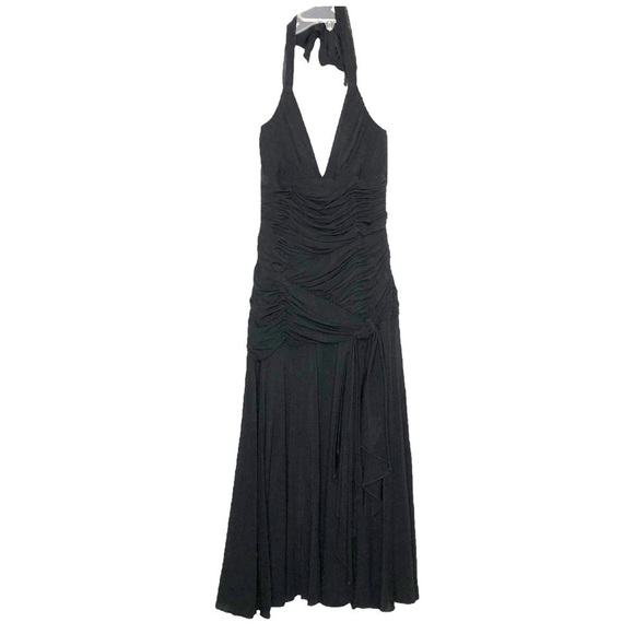 BCBGMAXAZRIA - Long Black Formal Halter Tie B- Neck Ruched Dress - Size Small - Picture 1 of 8